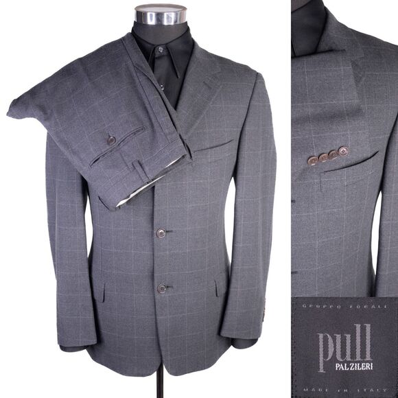 Pull Pal Zileri Mens 2 Piece Suit Wool Gray Check Jacket Size 42R Pants 34X28 - Picture 1 of 16